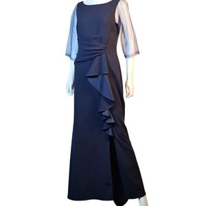 Betsy & Adam Scuba Crepe Navy Blue Sheer Sleeve Draped Ruffle Evening Gown